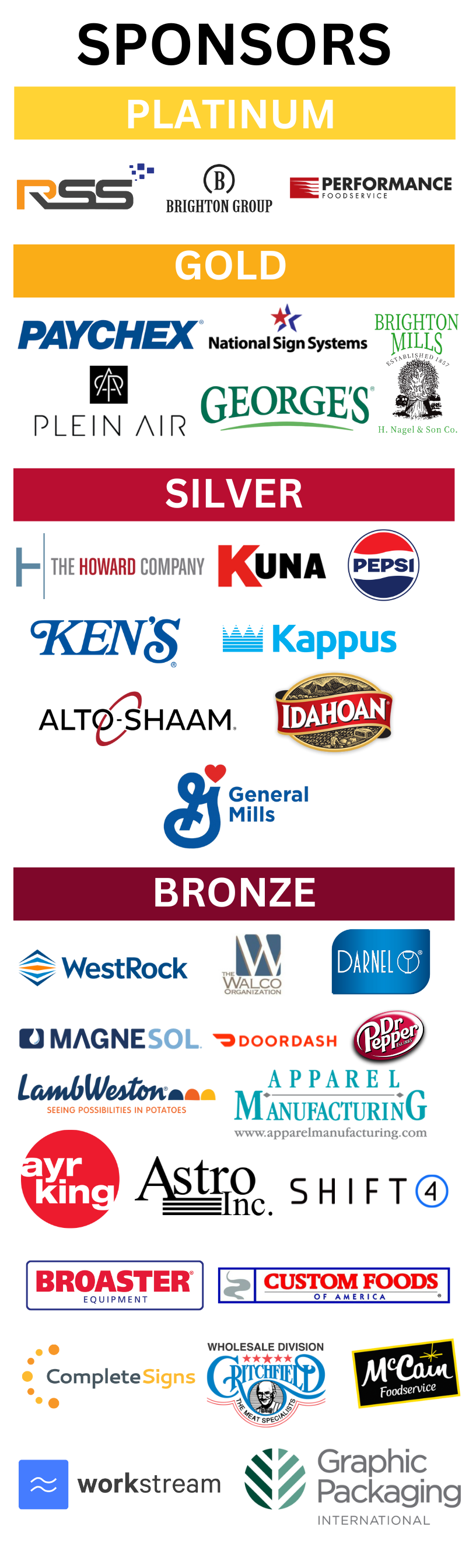 an image containing the logos of all Brand Conference sponsors. For a screen reader compatible version of the sponsor list please contact Lee's Famous Recipe Chicken.